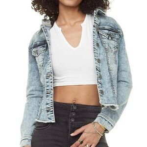 NWT Jeaniologie Hooded Denim Jacket Size Small Pockets Distressed Lightweight